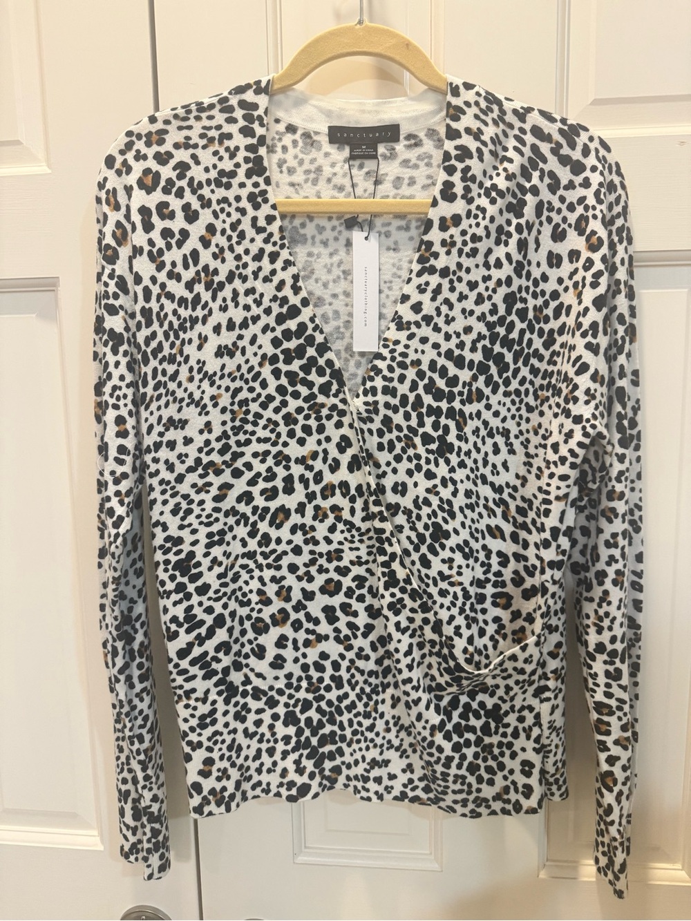 Sanctuary Leopard Print Faux-Wrap Long Sleeve Top - White/Black/Brown